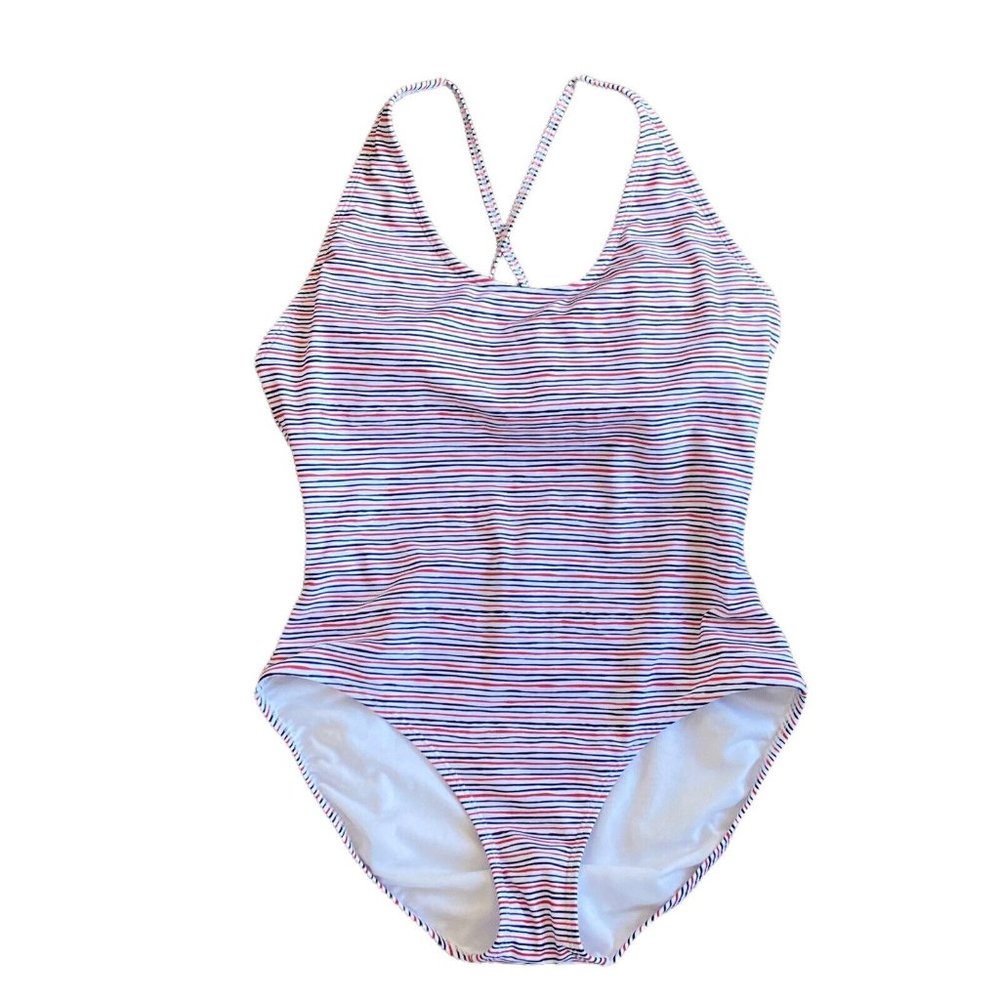 Gap Women's L One Piece Swimsuit Scoop Front Cross Back Stripe Red White Blue